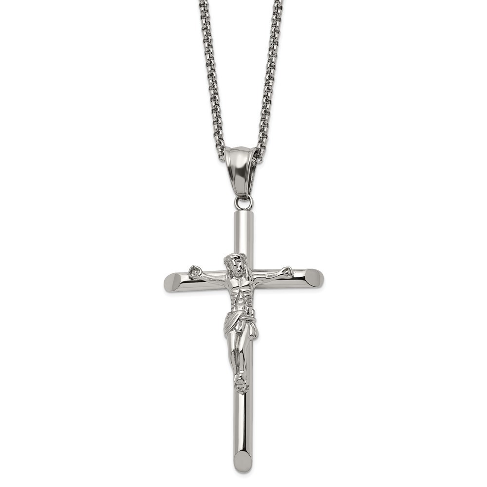 Chisel Stainless Steel Large Crucifix Pendant on a 22 inch Box Chain Necklace